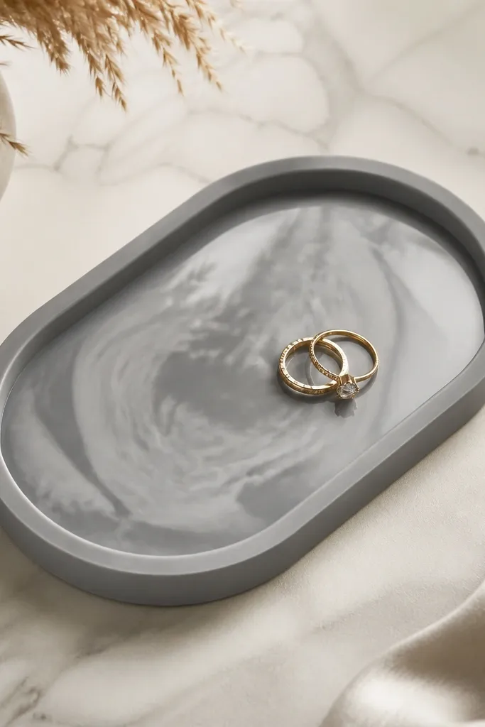 A small tray with a smooth gray 'epoxy look' finish, faint swirls, and a matte edge with a glossy center.