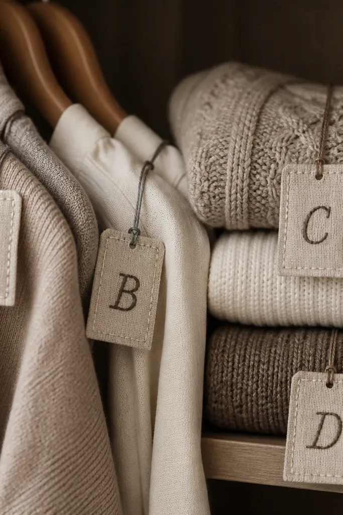 A set of four small linen fabric tags with stitched monograms in a darker thread, tied to hangers and folded sweaters in a closet.