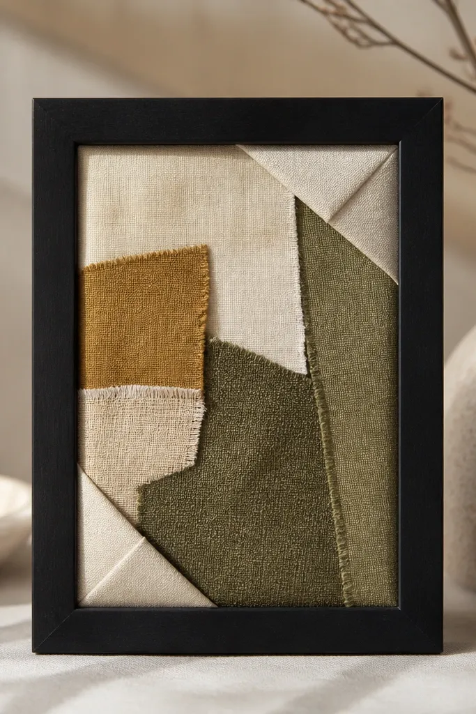 A small framed piece of fabric art with layered scraps in cream, olive, and muted gold, held in place with clean corner folds and a simple black frame.
