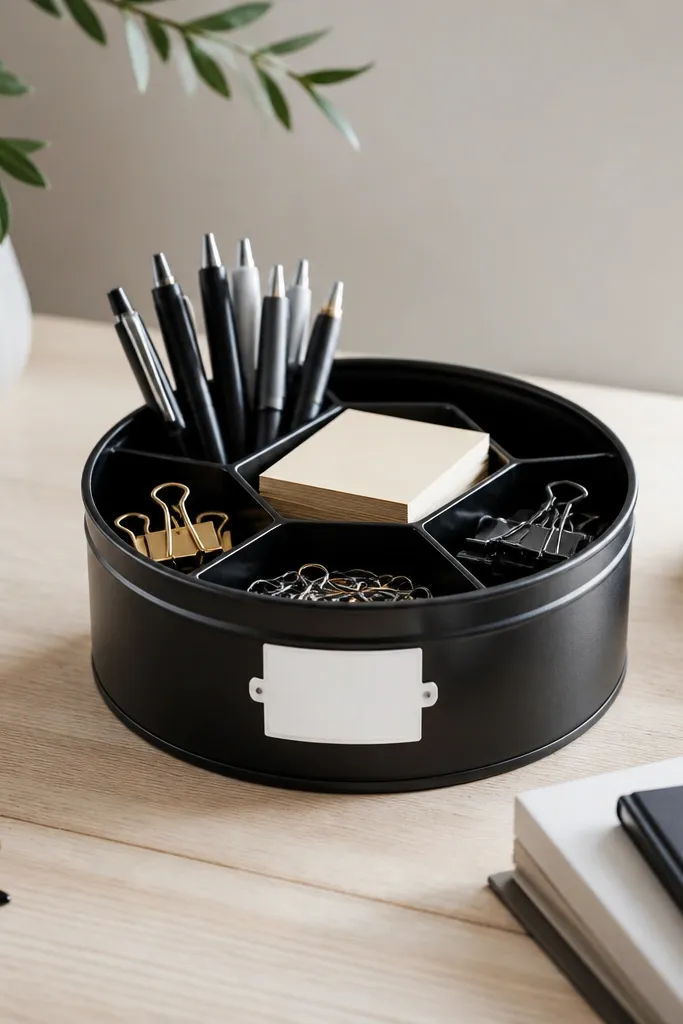An upcycled metal spice box painted matte black with a white label, holding pens, sticky notes, and small clips on a tidy desk.