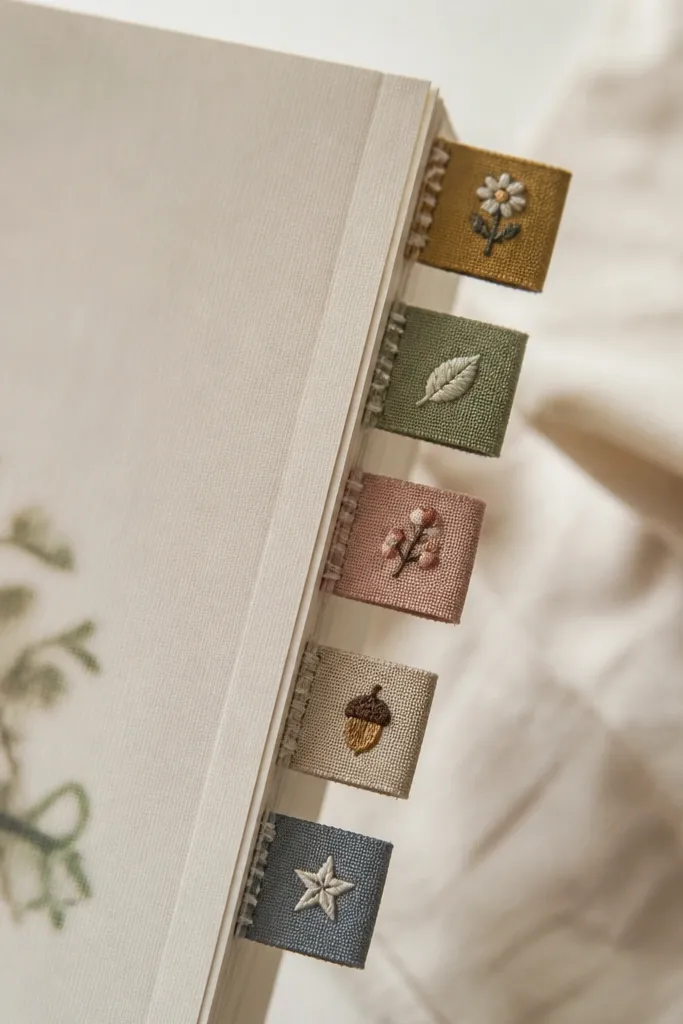 A set of small fabric tabs in muted colors attached to a book's pages with stitched ends, each tab has a tiny stitched icon.