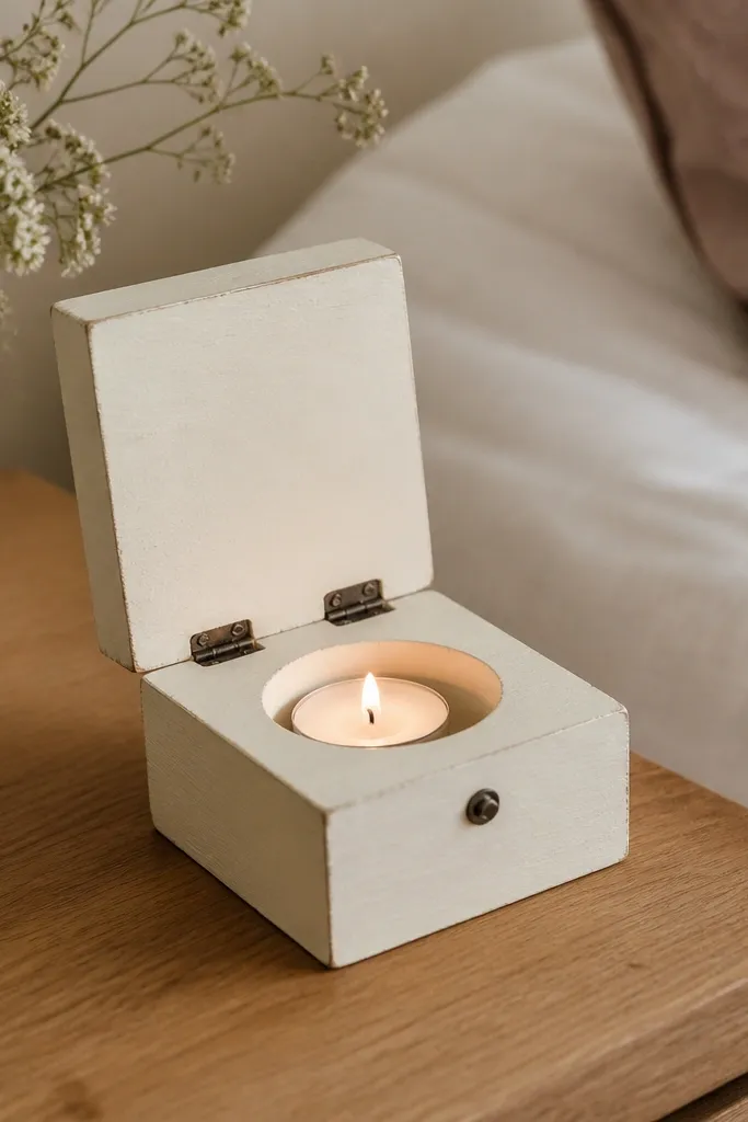 A small wooden candle holder box painted cream with a hinged lid, holding a tealight, set on a bedside table.