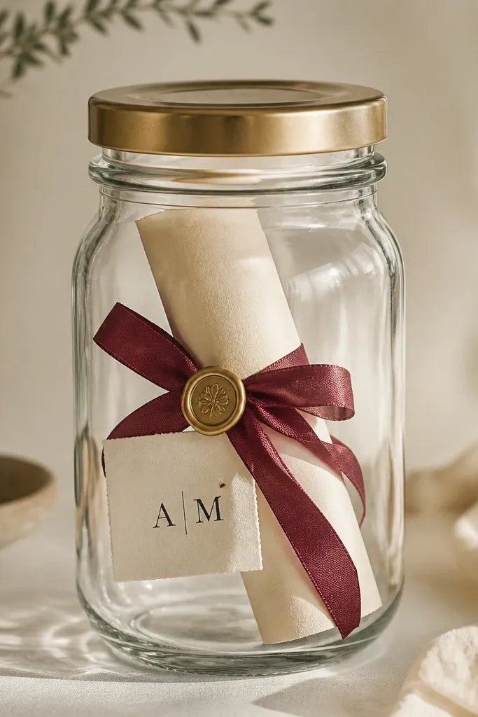 A clear glass jar with a wide mouth has a rolled cream letter tied with a burgundy ribbon. A small wax seal sits on the ribbon knot, and the jar lid is brushed brass. A mini card tag hangs from the ribbon with the recipient's initials stamped in black ink.