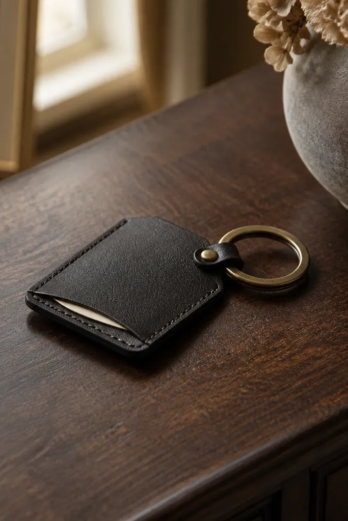 A rectangular key fob made from dark espresso faux leather hangs from a brass key ring. A narrow stitched seam runs along one edge, and a tiny note tab peeks from the inside when the seam is opened slightly. The fob has clean edge paint and a small engraved heart near the top corner.