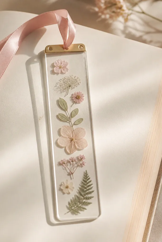 A clear acrylic bookmark sits on a book page. Inside the acrylic window are pressed flowers in muted blush and sage, layered carefully so petals don't overlap. The top has a small gold bar with two punched holes and a satin ribbon threaded through.