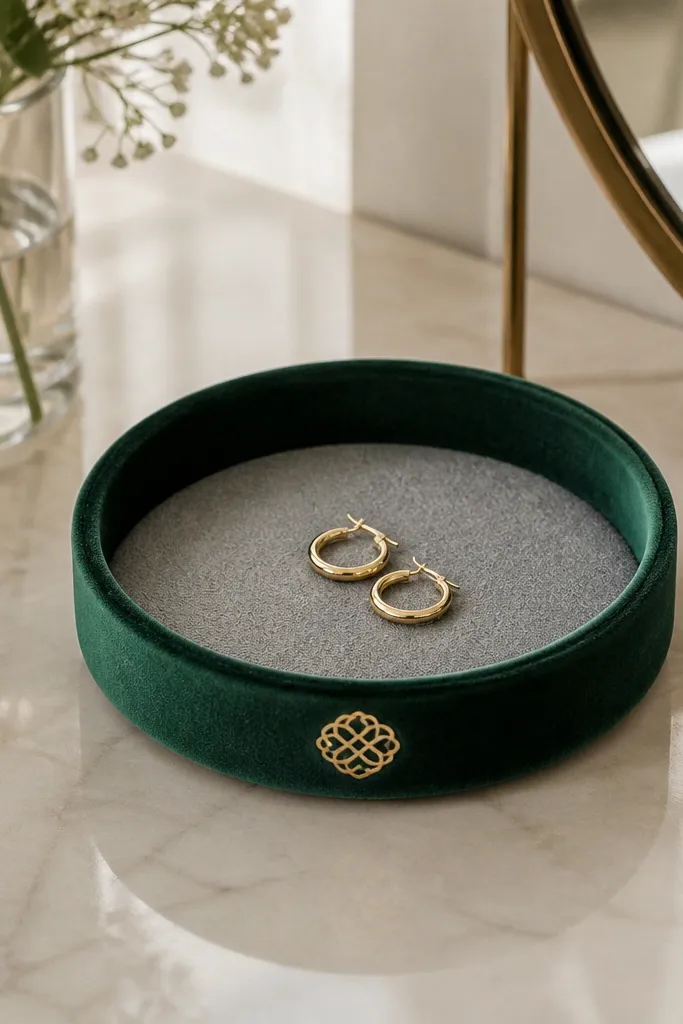 A small round tray with deep emerald velvet fabric is centered on a vanity. The tray has a gold vinyl monogram on the front lip and a soft gray felt liner inside. A pair of tiny hoop earrings sits on top for scale.