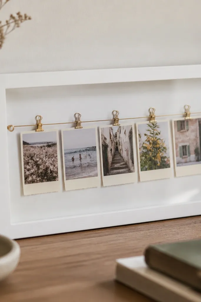 A white shadow box frame contains a horizontal strip of small photos. Each photo has a tiny handwritten caption on thin cream paper strips below it. A thin gold wire holds a miniature clip near the side, and the frame has a glass front.