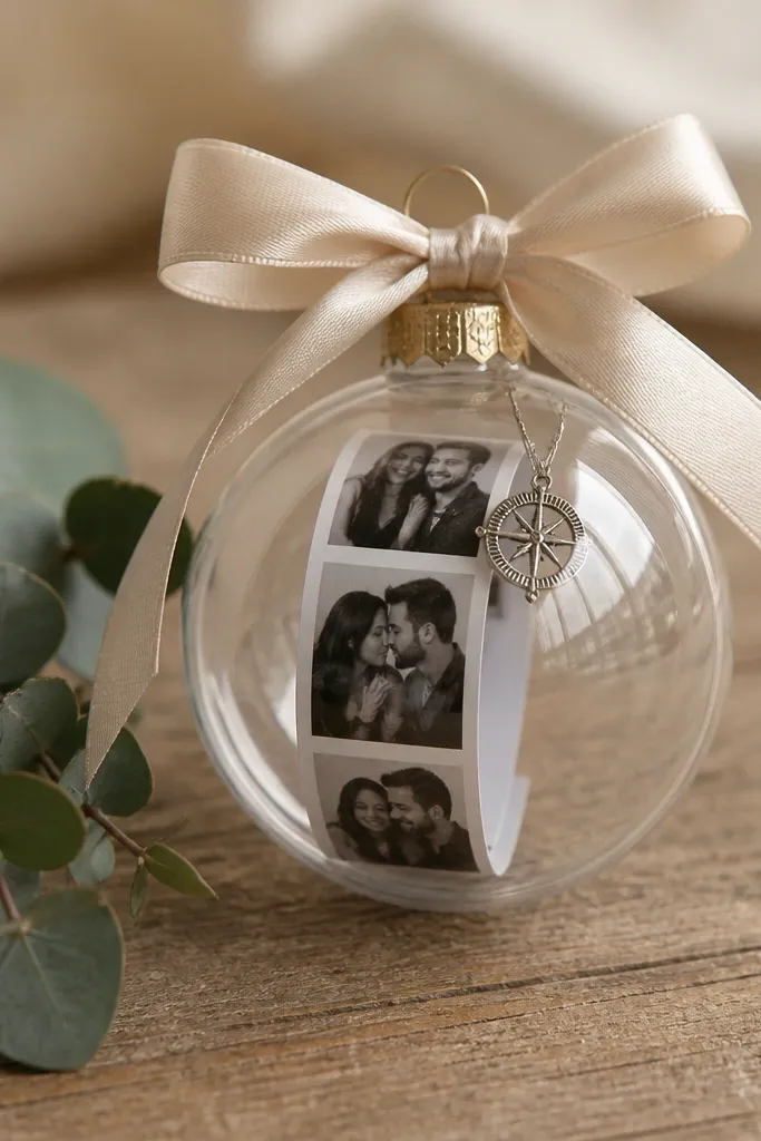A clear ornament ball contains a rolled photo strip with a tiny silver charm attached. Outside, a satin ribbon bow in pale champagne wraps the cap. The ornament sits on a wooden table with a small sprig of eucalyptus.