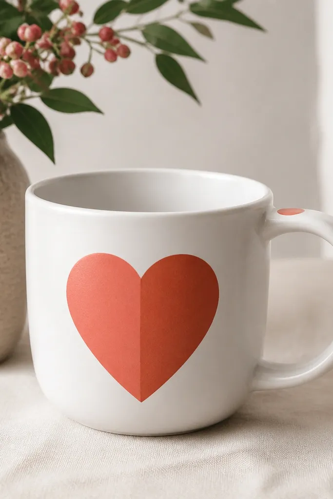 A white ceramic mug has a color-blocked heart in coral and terracotta near the handle. The heart edges are crisp, and the paint has a semi-matte finish. A small decal-style name tag sits on the handle side.