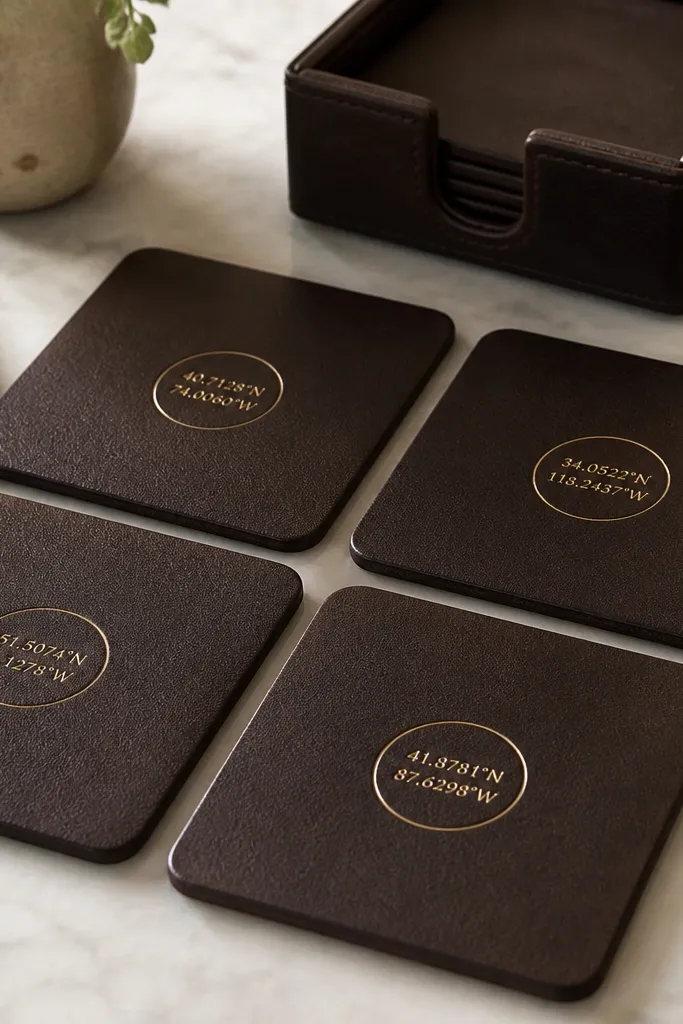 Four coasters made from dark brown leather-look material sit in a square arrangement. Each coaster has a small stamped circle with coordinates in gold foil. The edges are smooth and slightly rounded, and a matching storage tray is in the background.
