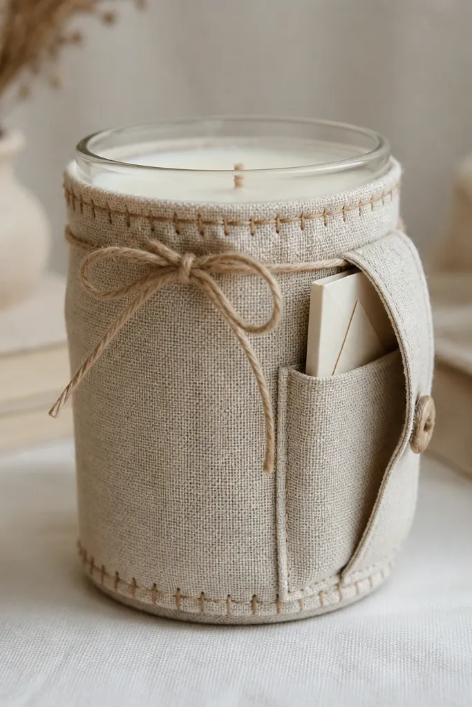 A glass candle jar sits inside a fabric-wrapped sleeve made from thick linen in oatmeal. A small pocket on the side holds a folded letter, visible when the fabric flap opens. The sleeve has hand-tied twine and a stitched border.