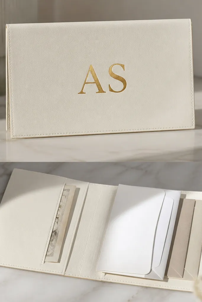 A slim stationery wallet is made from thick cream cardstock covered in soft-touch paper. Large gold foil initials sit centered on the front. Inside, there are compartments holding folded notes and envelopes, visible when opened flat.