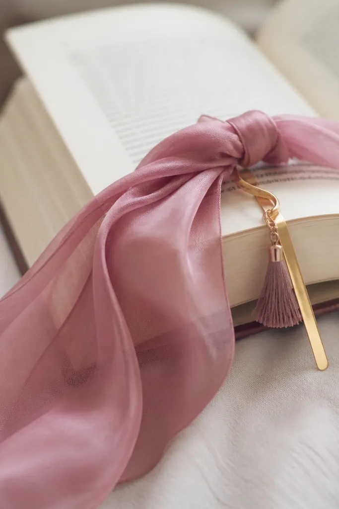 A thin silk scarf in dusty rose is knotted at the top of a bookmark. A small tassel hangs from a gold ring, and the bookmark sits between pages of a thick book. The scarf drape looks smooth and slightly translucent.