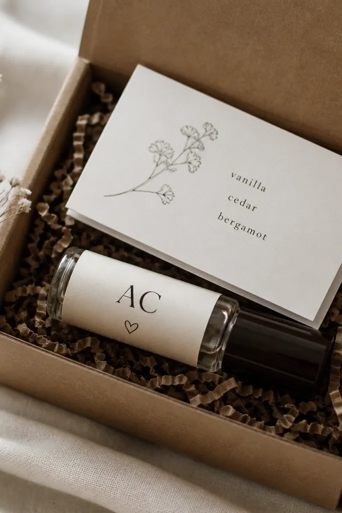 A small clear roller bottle with a dark brown cap sits in a kraft box. A custom label shows her initials in black with a tiny line drawing of a heart. A folded scent card with notes like vanilla, cedar, and bergamot rests on top.
