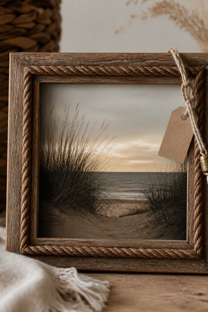 A small wood photo frame is trimmed with thick twine that has been dipped in warm brown wax. The twine forms a subtle border around the photo. A small candle wick charm and a tiny tag hang from a corner of the frame.