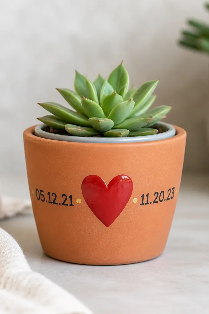 A small terracotta planter has a painted heart near the front. Inside the planter is a tiny succulent in a light gray pot insert. The heart is done in glossy red, and the sides have neat painted dates in black with a gold dot between them.