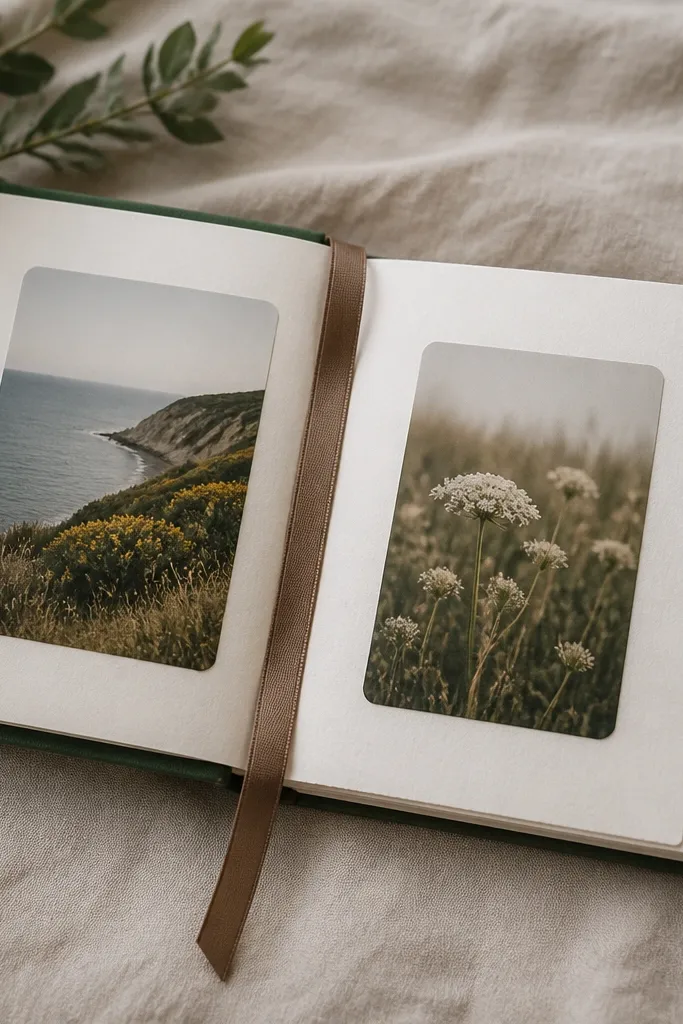 A small hardcover booklet has a cloth spine and fabric hinges. Inside, photos sit in neat corners with rounded edges. The page edges are clean and slightly deckled, and a satin ribbon bookmark sits near the middle.