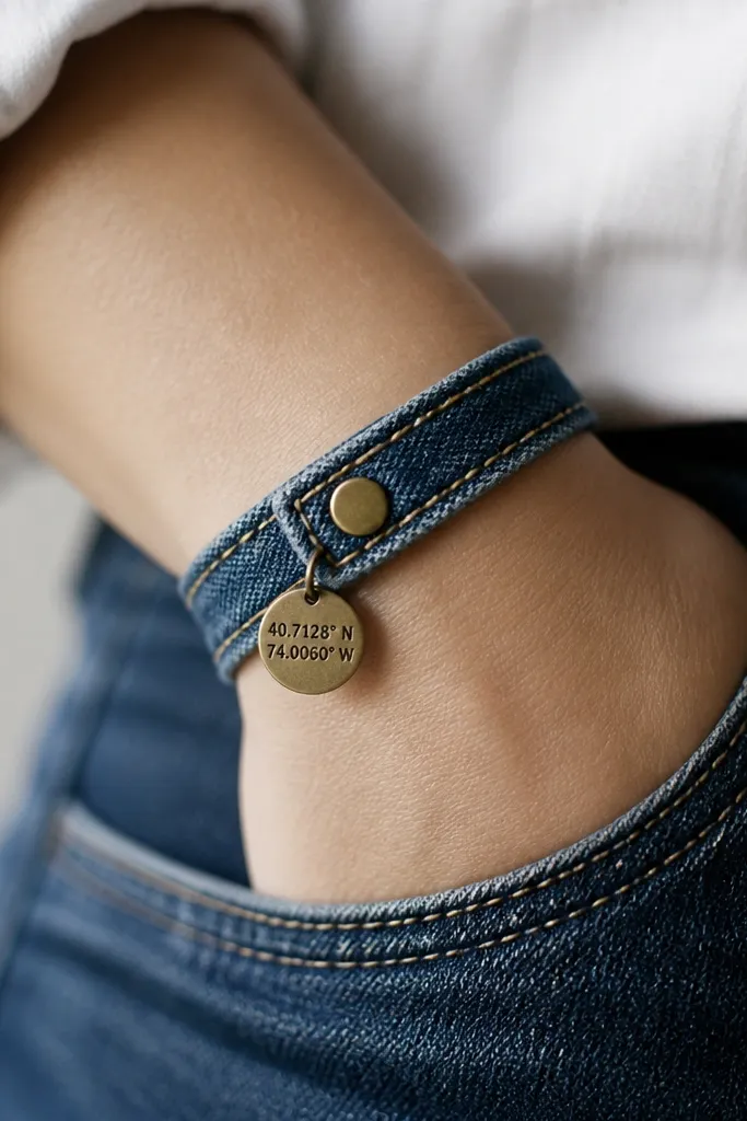 A denim bracelet wraps around a wrist with two rows of neat stitching. A small bronze charm with coordinates hangs near the clasp. The denim is faded indigo, and the bracelet closure uses a brass snap.