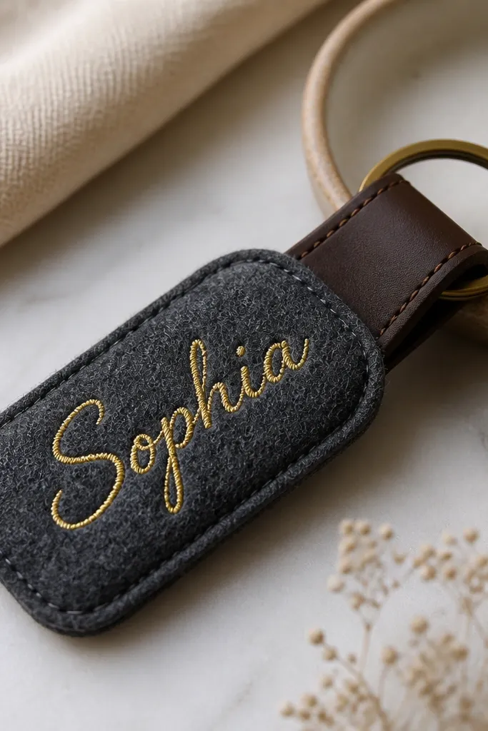 A felt keychain in charcoal gray has a gold script name stitched onto the front. The back is dark brown leather with a brass key ring attached. The edges are neatly trimmed and slightly rounded.