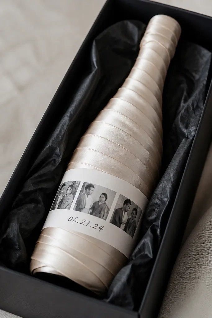 A bottle is wrapped in pale champagne silk ribbon that spirals neatly down the neck and body. A band label around the bottle shows a small photo strip and a handwritten date in black. The bottle sits in a simple black gift box with tissue paper.