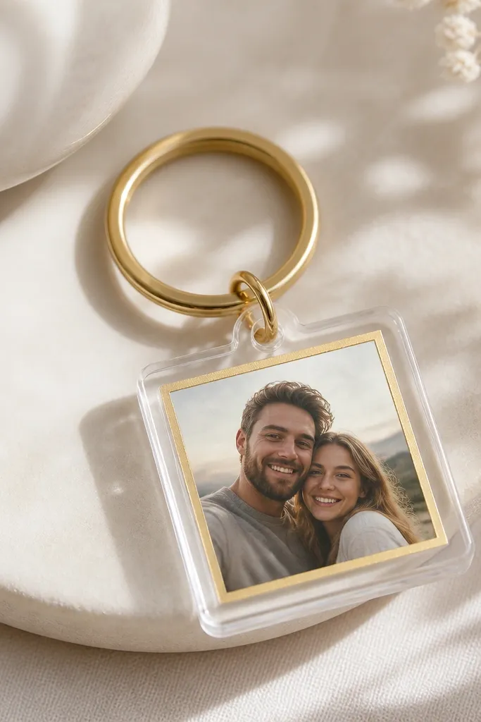 A small clear acrylic charm hangs from a gold key ring. Inside the charm is a tiny photo - two people smiling - with a gold foil border. The charm has a hole at the top and a smooth polished edge.