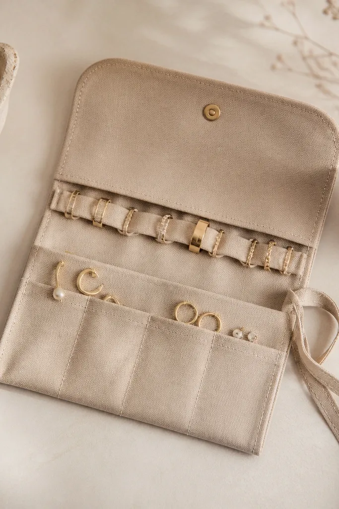 A travel jewelry roll is made from structured canvas in sand color. It has a flap with a brass snap and inside compartments with elastic loops for rings and small pockets for earrings. The roll ties closed with a matching ribbon.