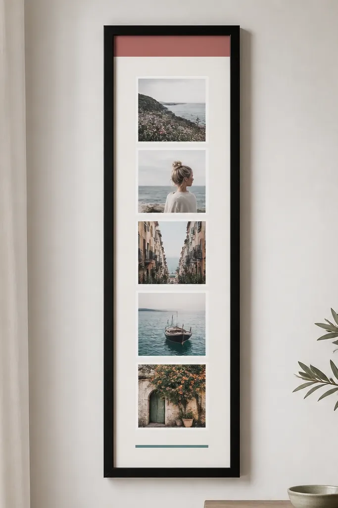 A small wall frame holding a vertical strip of 5 photos with a thick off-white mat. The mat has a single block of dusty rose on the top edge and a thin teal strip under the photos. Photos are printed with crisp white borders, and the frame is black with a satin finish.