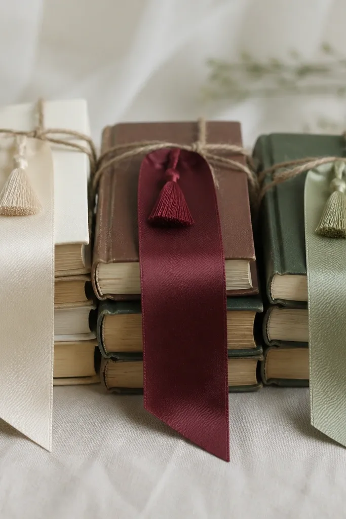 Three satin bookmarks tied to small bundles of books. Each bookmark is a long strip of satin in cream, wine, and sage, with a tiny tassel stitched at the top. The bottom edges are neatly angled and the tassels are knotted with matching thread.