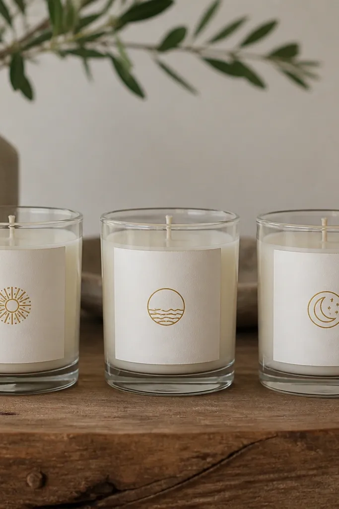 A set of three clear glass candle jars on a wooden table. Each jar has a white paper label with black text, plus a small circle icon in gold foil. The labels are centered, with consistent margins and straight edges.