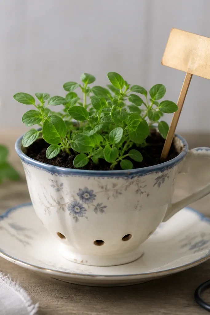A vintage teacup planter with drainage holes and a saucer. Inside are small herb seedlings with deep green leaves. The teacup has a painted rim in muted blue and a hand-written label on a thin wooden stake.