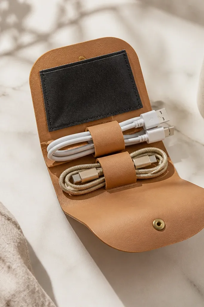 A flat cord organizer made from tan faux leather. It wraps around a bundle of charging cables and closes with a small brass button. Inside you can see a slim pocket panel in black fabric and neat cable loops.