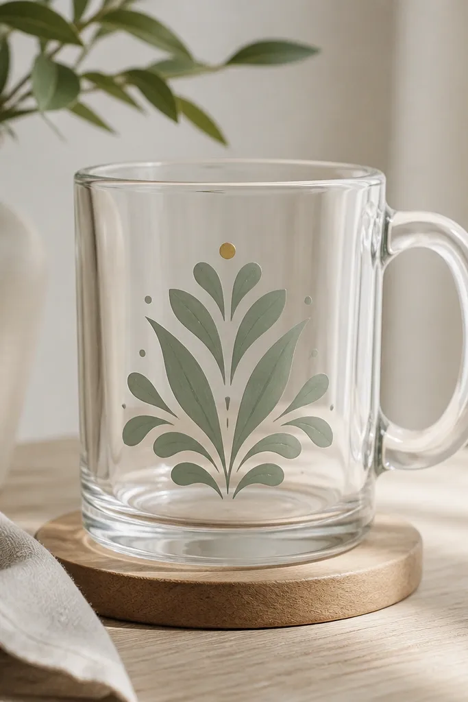 A clear glass mug with a white vinyl stencil design painted over in soft sage. The design is crisp and centered, with a small gold dot accent at the top. The mug looks clean and professional, not streaky.
