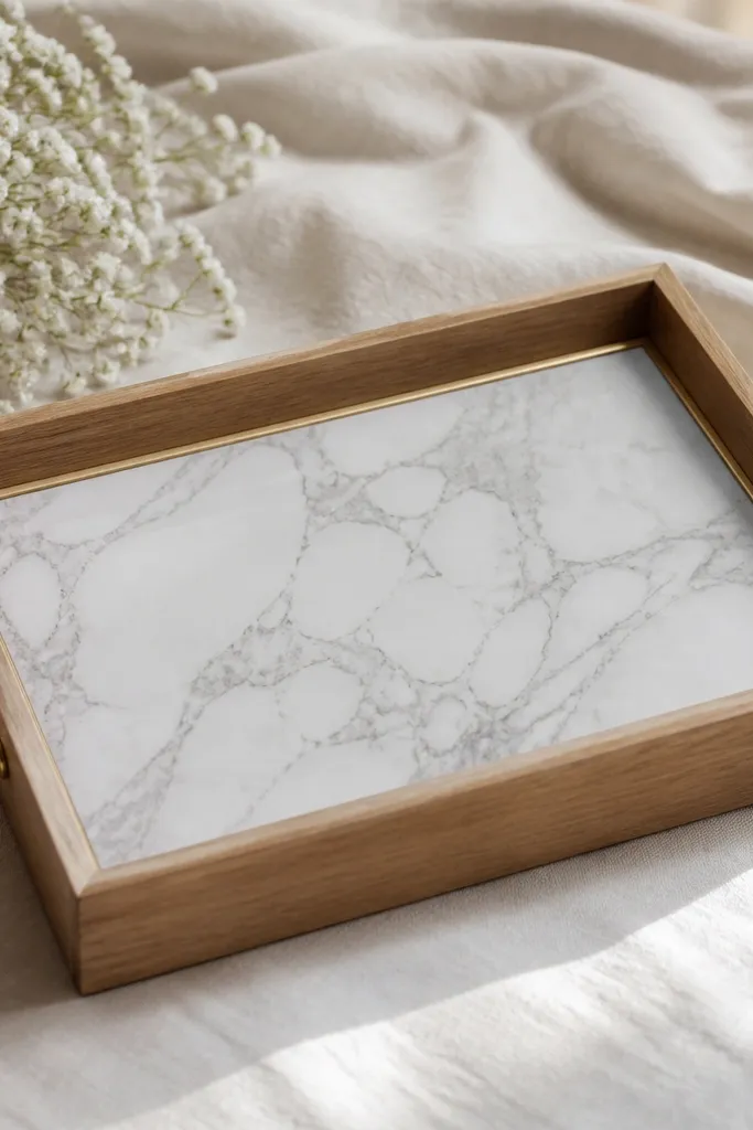 A shallow wooden tray with a glossy marble-effect paper inlay. The base shows grey veining on a white background, framed by a thin gold-painted border. There's a small brass handle on one side.