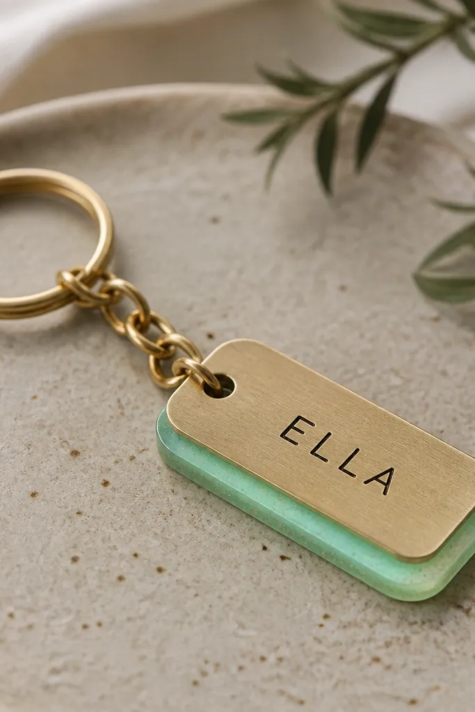 A keychain made from two stacked metal tags. The top tag has a simple engraved name in black, and the bottom tag is filled with a translucent epoxy that glows slightly in dim light. It hangs from a split ring and a small gold chain.