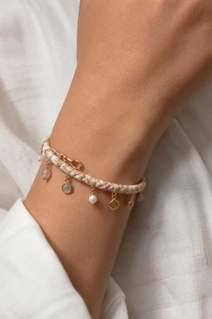 A charm bracelet on a wrist. The base is a thick braided cord in cream and taupe, wrapped with thin fabric thread in a neat spiral. Small charms hang evenly spaced, and the clasp looks clean with a lobster hook.