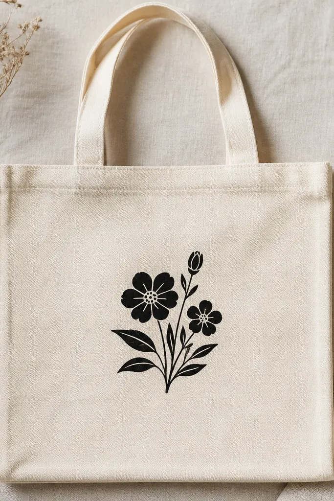 A canvas tote bag lying flat. A single stencil design - a small flower cluster - sits centered on the front in black fabric paint. The paint edges are crisp, and the tote has natural canvas color with clean seams.