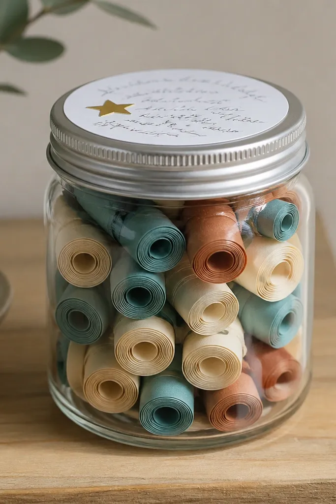A clear glass jar filled with rolled paper strips in shades of teal, cream, and warm brown. The jar lid has a white label with black handwriting and a small gold star sticker. The rolls are layered so top layers show color bands.