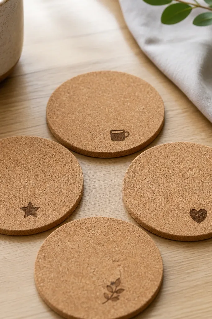 A set of four cork coasters on a table. Each coaster has a small heat-stamped icon in dark brown: a coffee cup, a heart, a star, and a tiny leaf. Edges are clean and evenly cut.