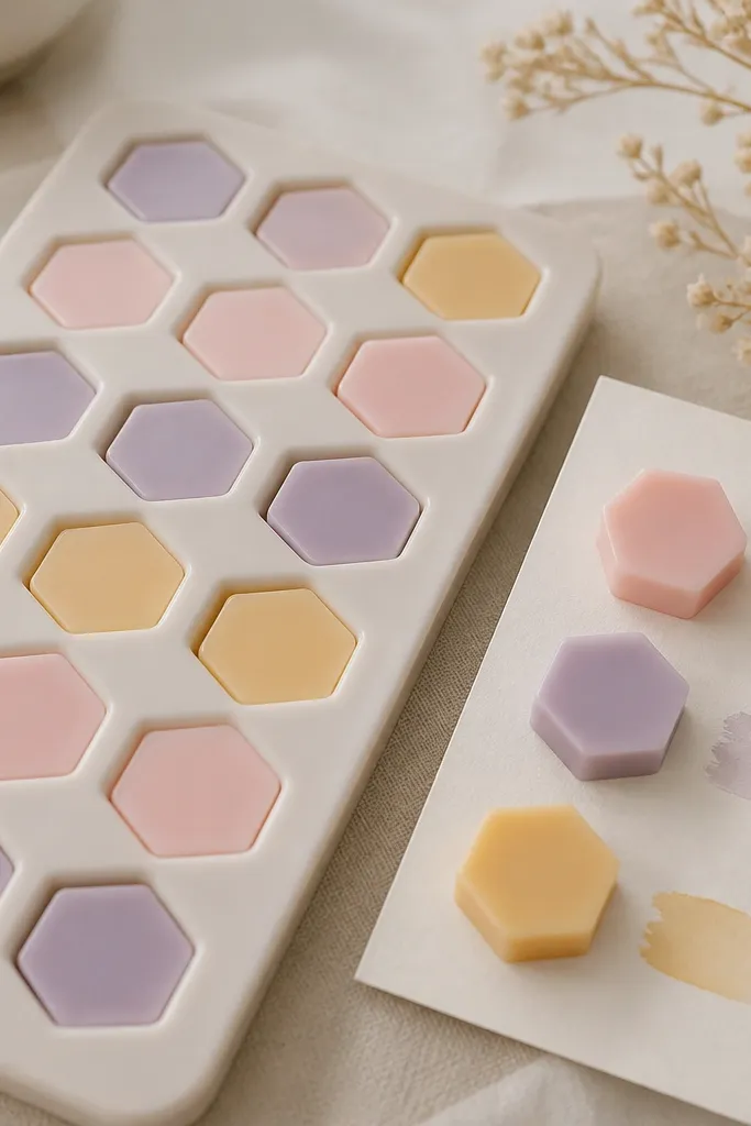 Small wax melt pieces in a silicone mold tray. The melts are poured in soft colors - blush pink, pale lavender, and warm honey - with clean edges. A simple label card sits next to them with scent names.