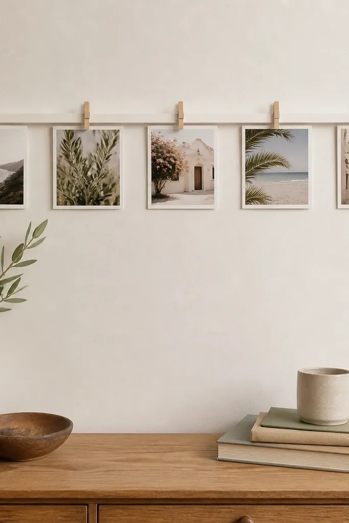 A short wall display with a thin wooden rail and a line of mini clothespins. Small printed photos hang from the clothespins, separated by equal gaps. The rail is painted off-white and the clothespins are natural wood.