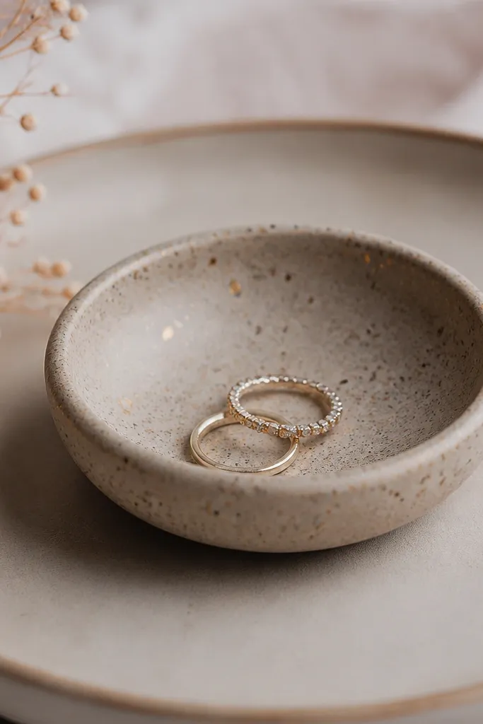 A small ring dish shaped like a shallow bowl. The clay has a speckled finish with tiny gold flecks. The dish is matte with a smooth rim, and it sits on a neutral ceramic plate.