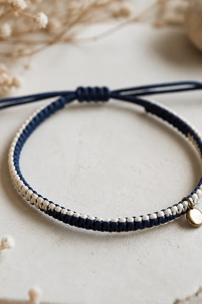 A thin friendship-style bracelet made with waxed thread in deep navy and cream. A small metal charm hangs near the clasp. The knots are tight and even, and the bracelet has a simple sliding tie closure.