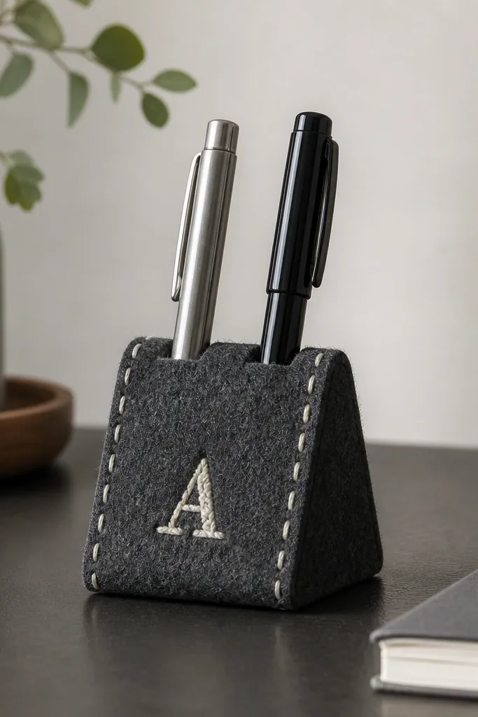 A felt pen rest shaped like a small wedge. It's made from charcoal grey felt with a cream embroidered initial on the front. The edges are stitched with a simple running stitch, and the rest holds two pens upright.