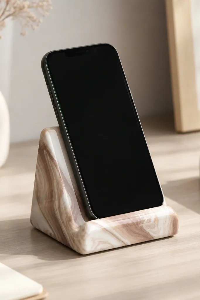 A phone stand shaped like a small angled cradle. The surface is marbled with white, taupe, and a hint of rose, finished with a glossy resin-like top coat. It sits on a desk with a phone resting on it.