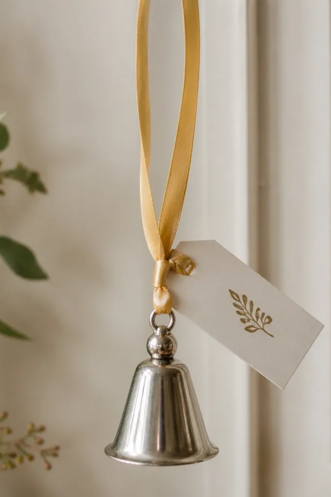 A small metal candle snuffer hanging from a satin ribbon loop. A tag attached to the ribbon has a simple stamped icon and the friend's name written neatly. The ribbon is a soft gold color.