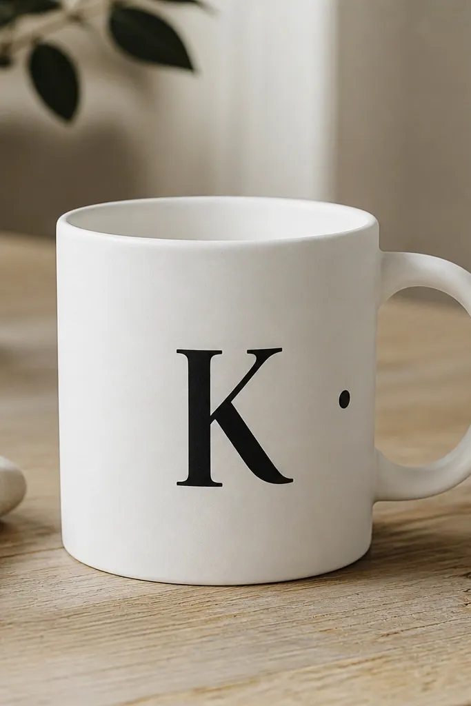 A matte white ceramic mug on a light wood table. A single black vinyl letter initial sits centered on the front, with a small offset dot near the handle. The surface looks slightly chalky and non-glossy.