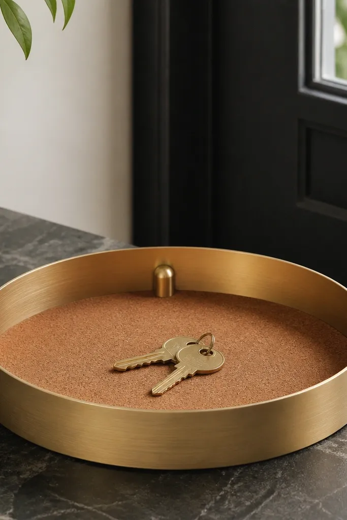 A shallow tray with brushed brass sides and a warm cork base sitting by a front door. Two small keys rest in the center, and a tiny brass catch sits near the back edge.