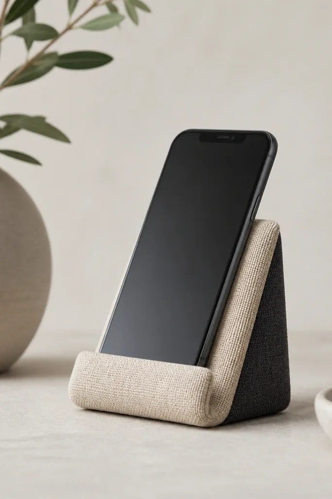 A minimalist phone stand made from two-tone fabric. Sand-colored linen forms the main body and a charcoal strip runs along the back edge. It's shown holding a phone at a slight backward tilt.
