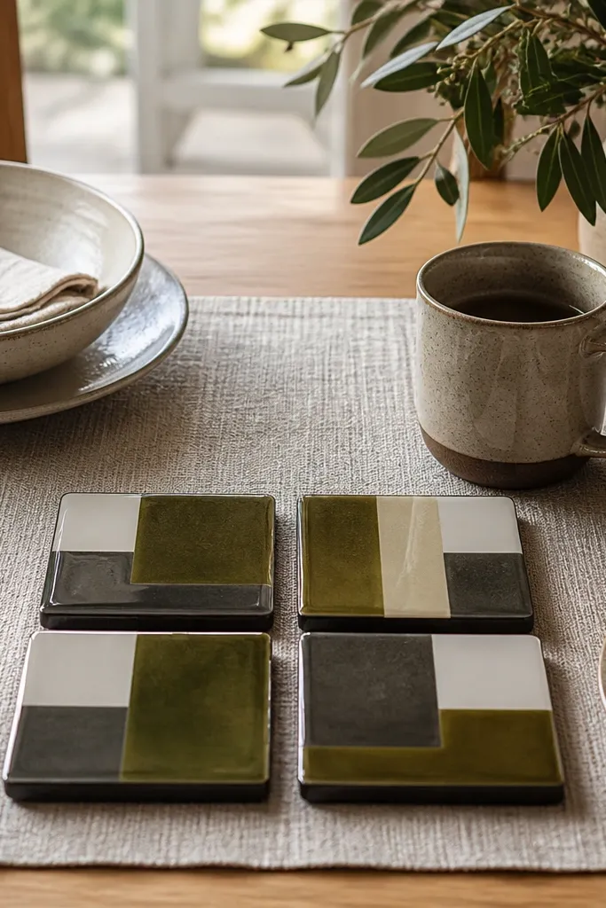Four resin coasters with sharp geometric shapes. Olive and smoke-gray blocks sit over a cream base, with a smooth glossy top and a matte underside.