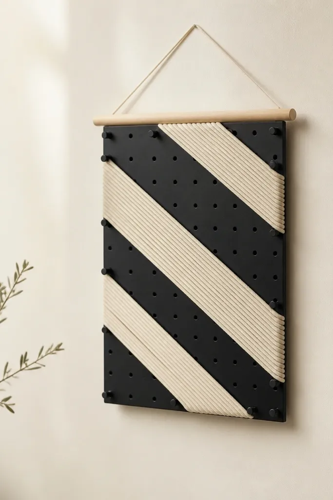 A small wall piece made from a black pegboard mounted on a cream wall. Thick cream thread wraps diagonally around pegs, forming clean bands. A small wooden dowel holds the top edge.